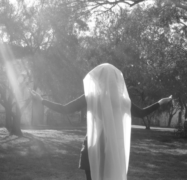 woman in veil bathed in light